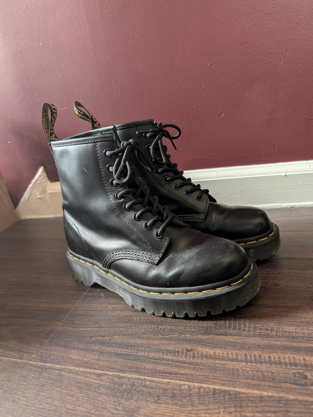 Dr. Martens 1460 Black Leather Combat Boots with Yellow Stitching 7M / 8W